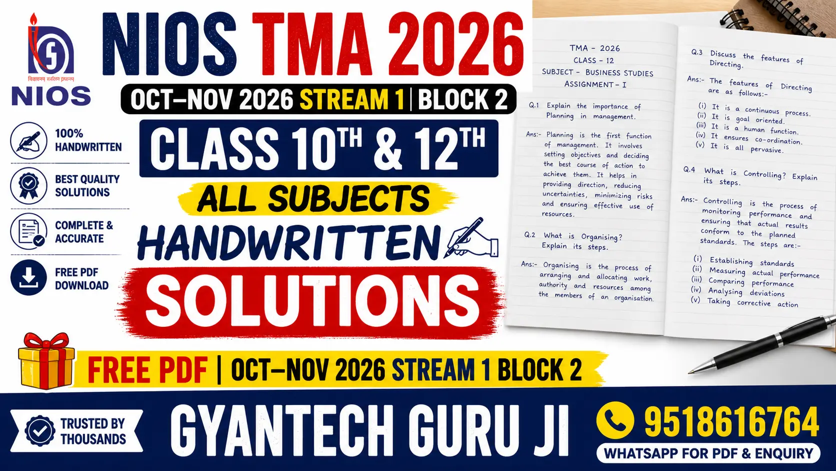 NIOS TMA 2026 handwritten solutions poster for Class 10th and 12th